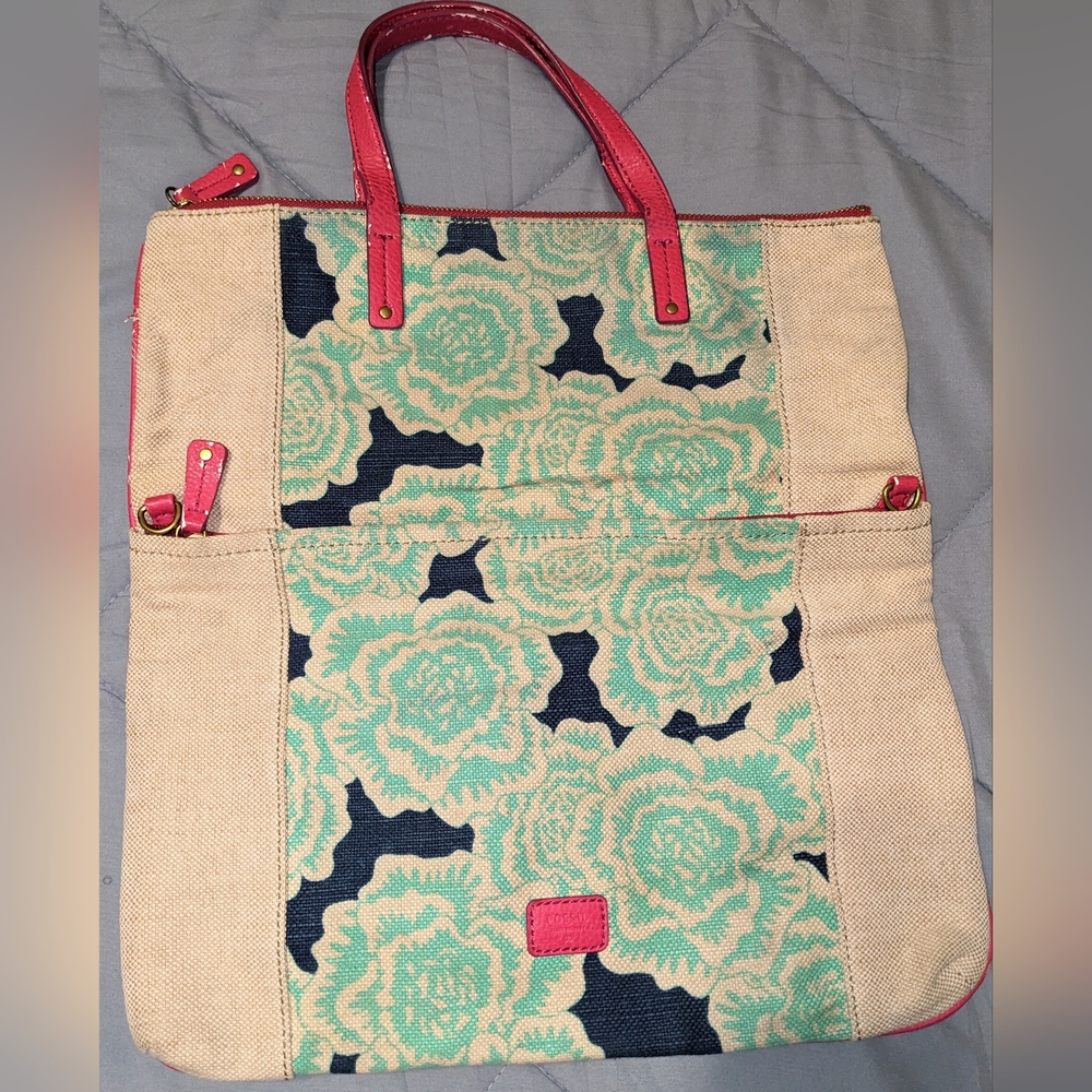 Fossil Floral Crossbody Messenger Burlap Canvas Tote Bag